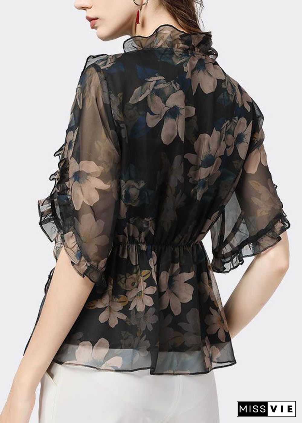 Unique Black Ruffled Patchwork Print Chiffon Blouse Top Summer