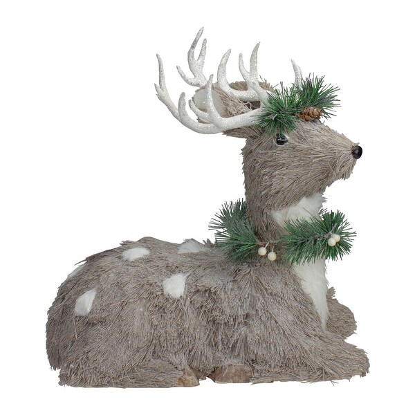 14 Gray Sitting Sisal Reindeer with Wreath Christmas Figure