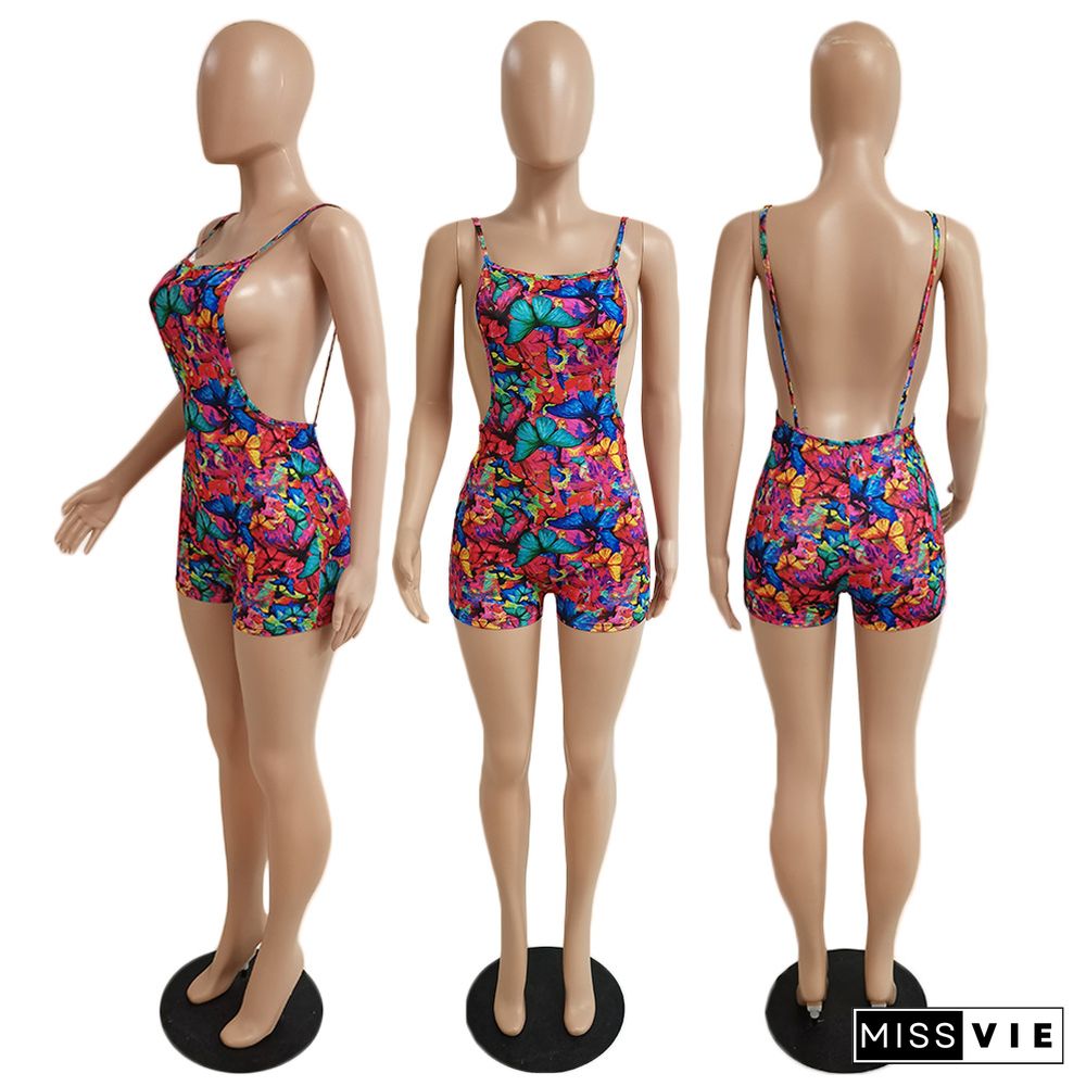 Sexy Women Butterfly Printed Backless Halter Bodycon Romper