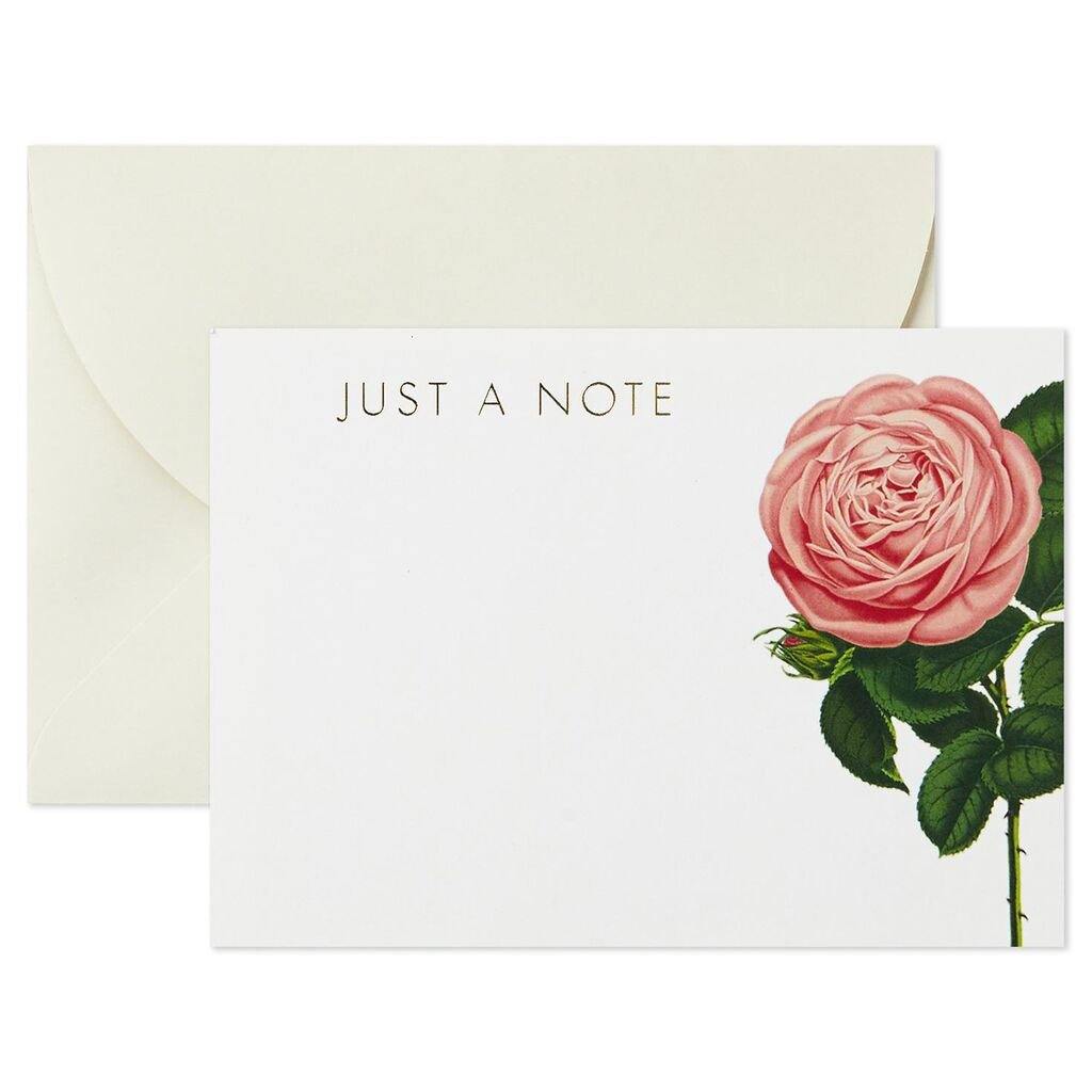 Hallmark  Cream and Pink Roses Blank Flat Note Cards With Caddy, Box of 40