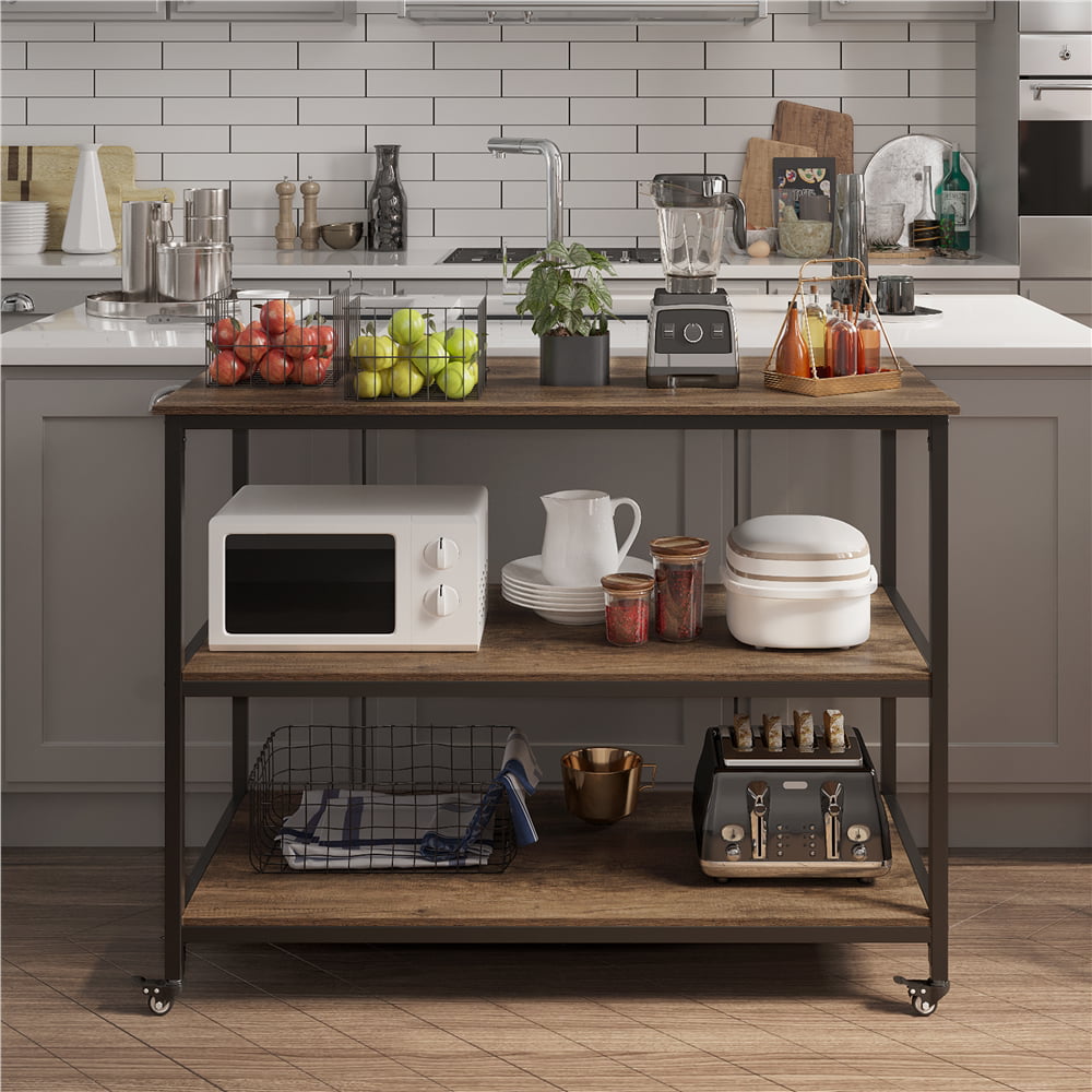 Alden Design Rolling Kitchen Cart with 3 Shelves， Taupe Wood