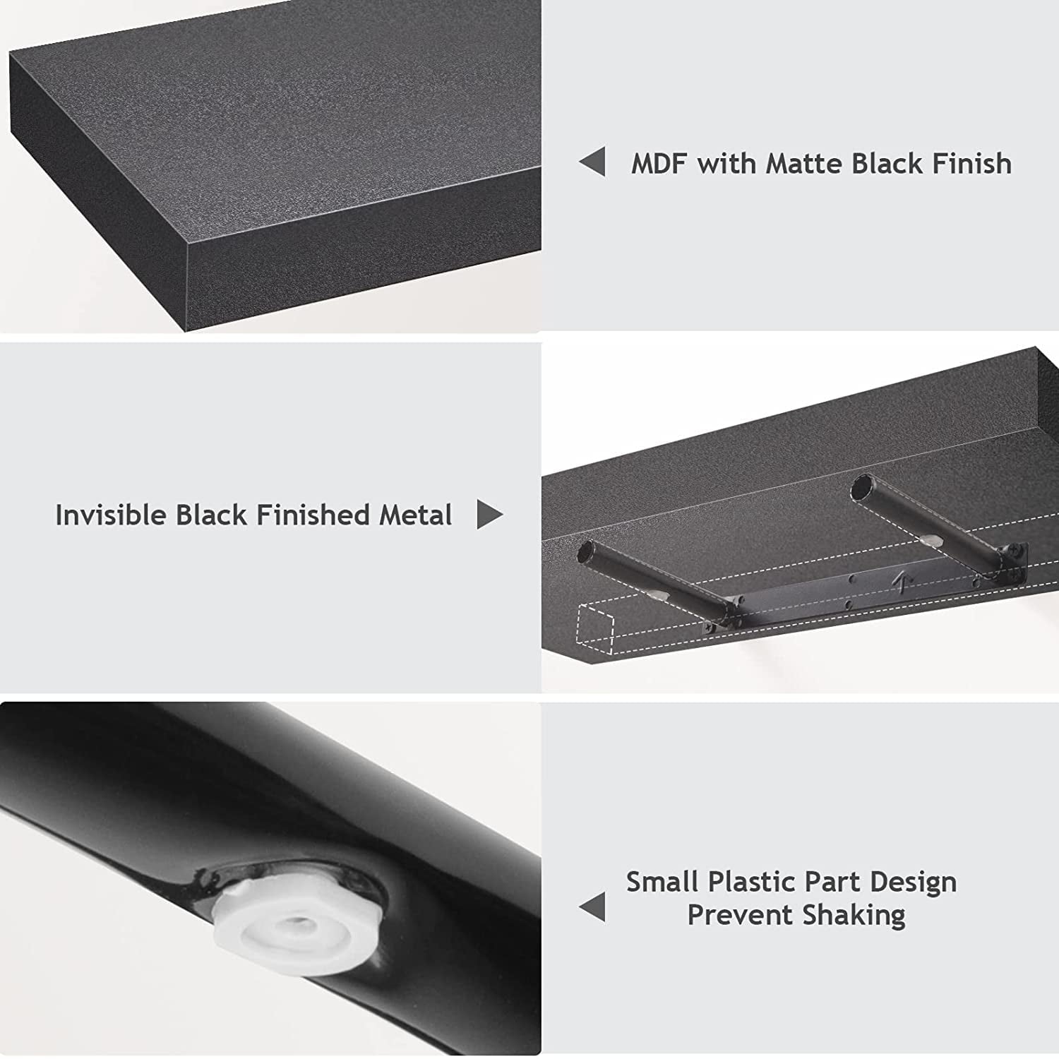 Black Sets of 3 Wall Shelves with Invisible Metal Brackets , for Bedroom, Bathroom, Living Room, and Kitchen