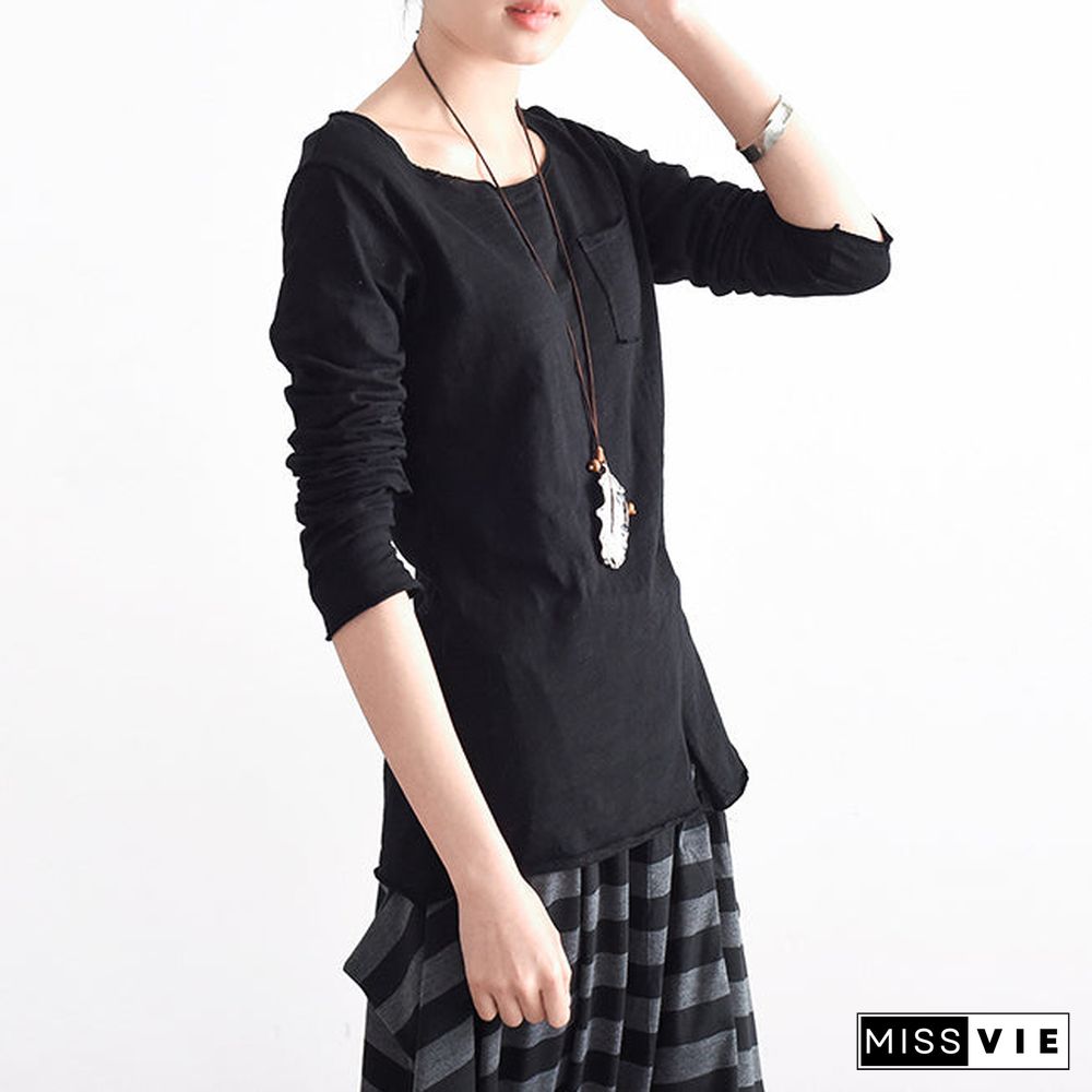 autumn tunic cotton shirts black long sleeve woman tops blouse side open