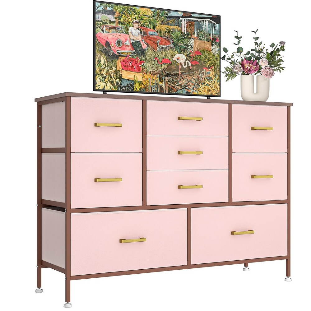 Wide Dresser TV Stand Entertainment Center with 9 Drawers for 50'' TV with Leather Front  Metal Handles  Large Chest of Drawers