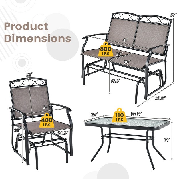 Costway 4pcs Patio Glider Conversation Set Swing Rocking Chair Table Heavy duty Outdoor