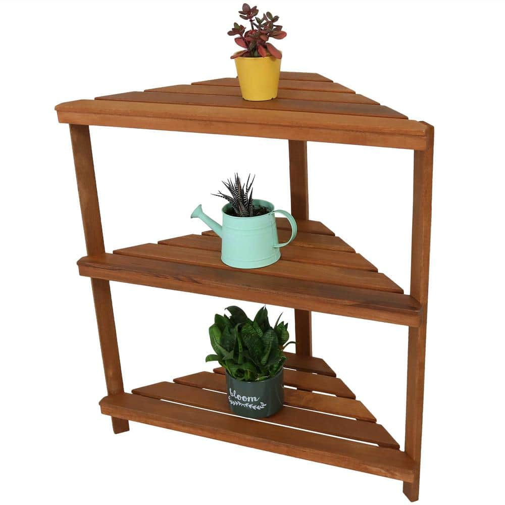 Sunnydaze Decor Meranti Wood Teak Oil 3-Tier Indoor/Outdoor Corner Plant Stand LAM-646