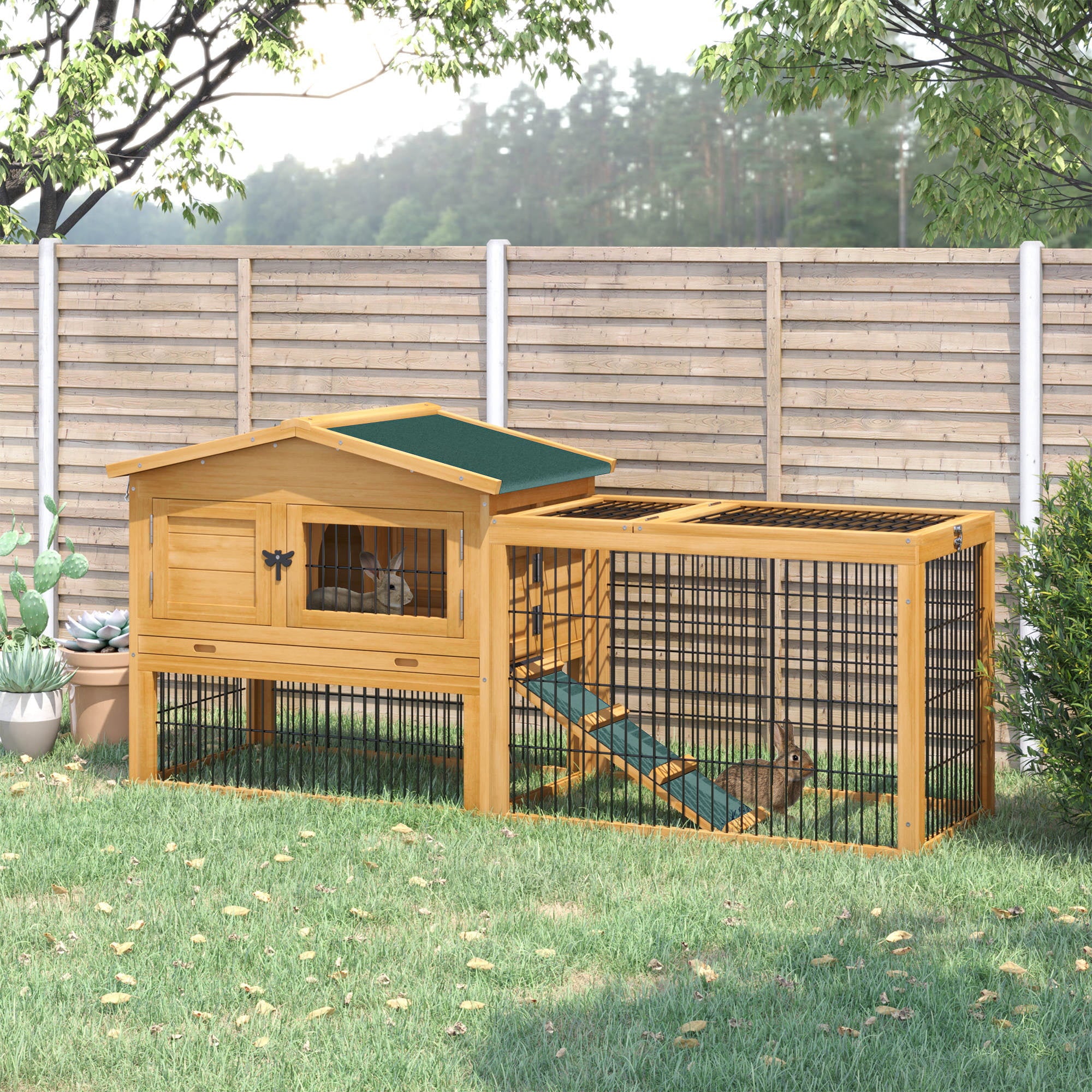 Pawhut Solid Wood Rabbit Hutch with 2 House Levels and Patio Space， Easy Clean