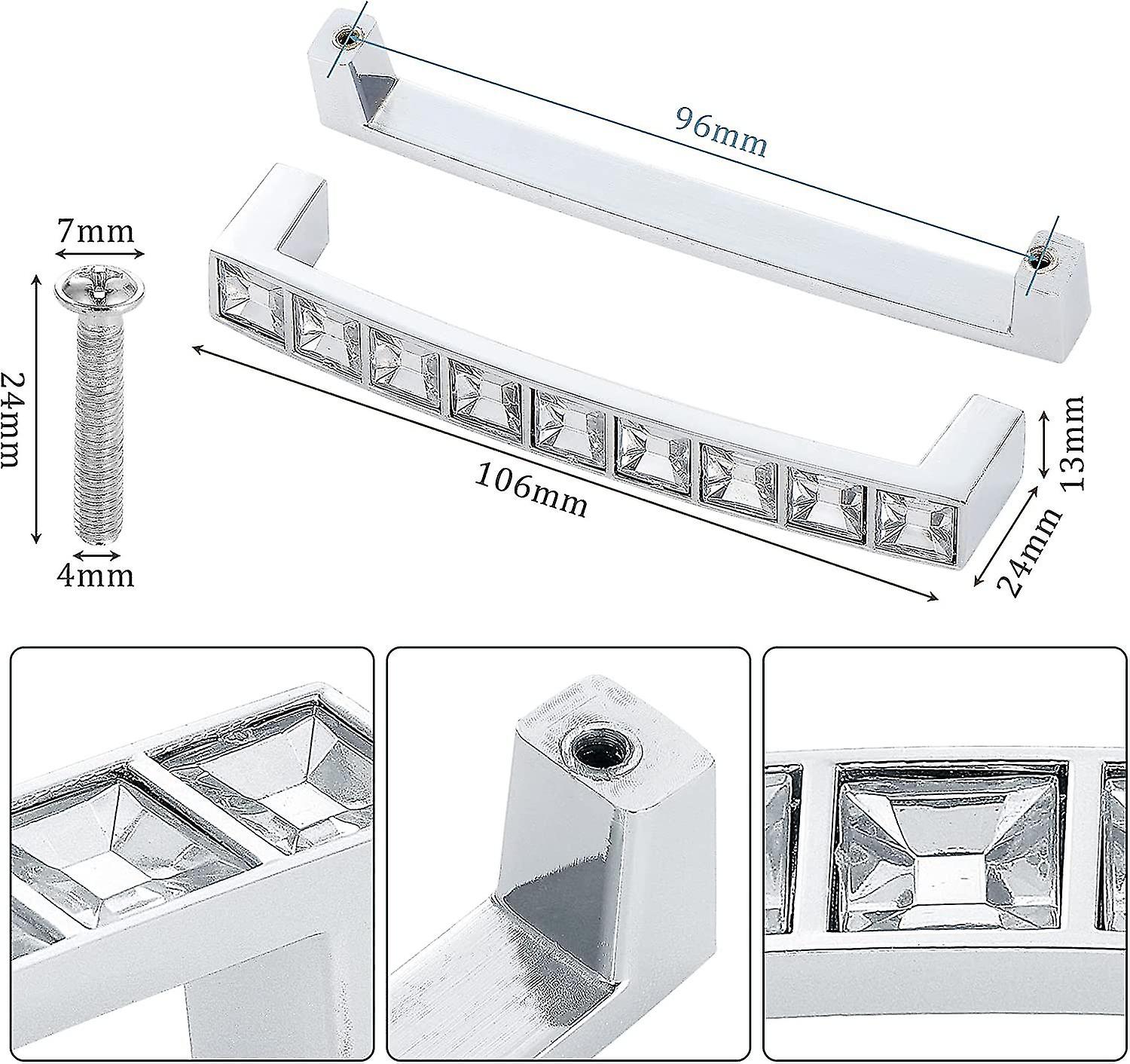 Set Of 10 Square Er Pulls， Rated With Clear Rhinests， For Furniture， Doors， Cabi， Boards， 96mm Hole Centers， 11m O