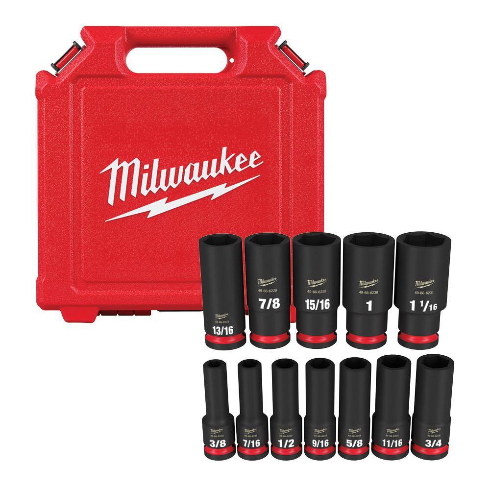 MW 12 in. Drive Ratchet and SHOCKWAVE 12 in. Drive SAE Deep Well Impact Socket Set (13-Piece) 48-22-9012-49-66-7011