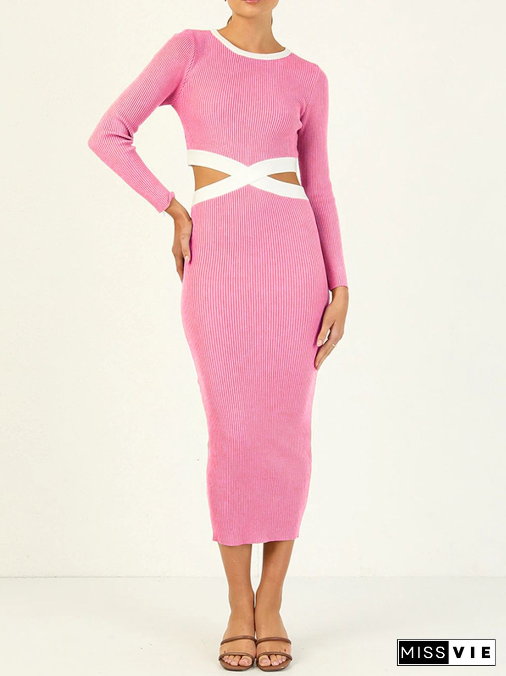 High Waisted Long Sleeves Hollow Round-Neck Midi Dresses