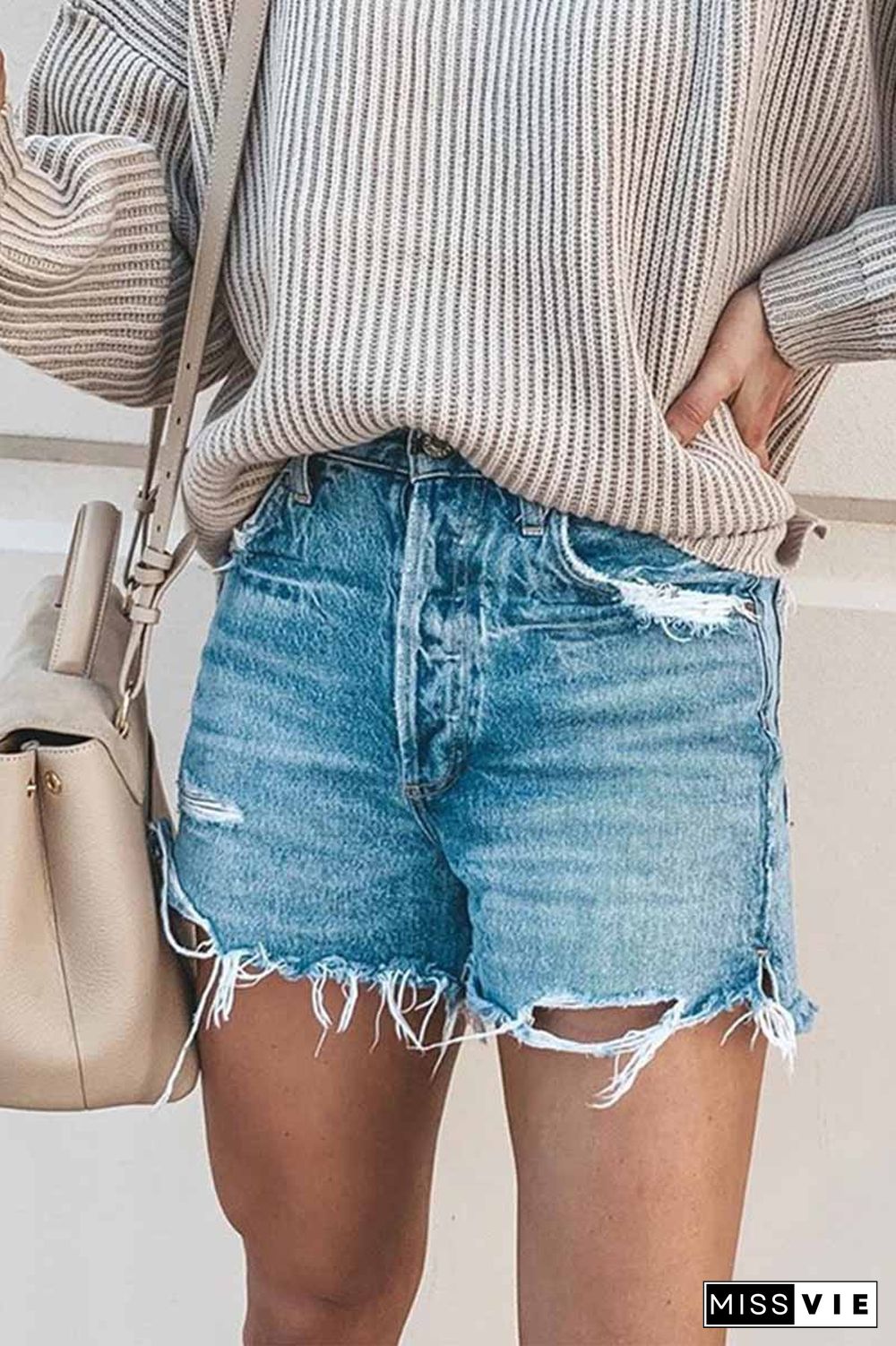 Summer Loose Button Ripped Fringed Denim Shorts