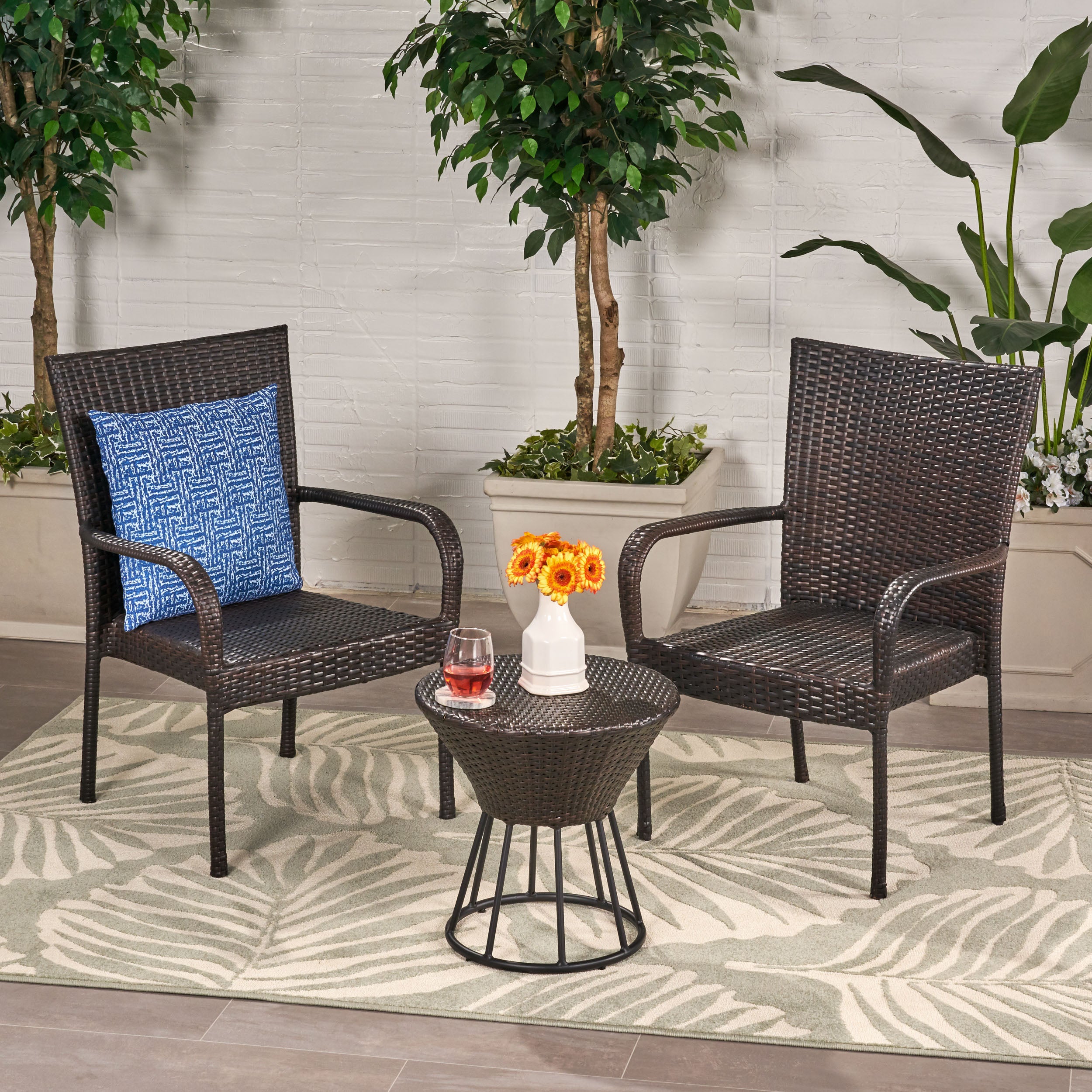 Parham Outdoor 3 Piece Multi-brown Wicker Stacking Chair Chat Set