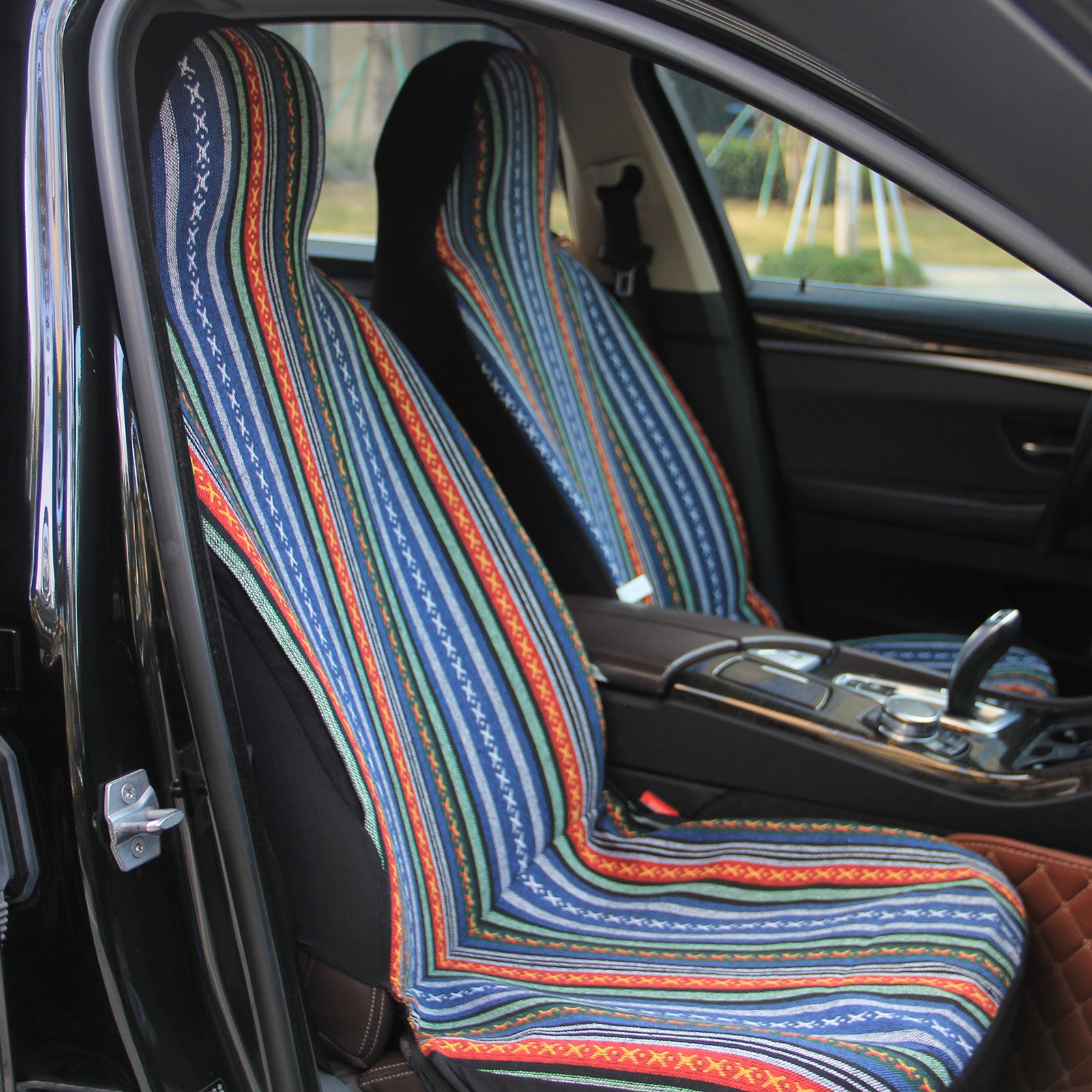 Copap Baja Blanket Front Seat Covers Multi-Color Stripe Cross Pattern Boho Style Universal Fits for Cars