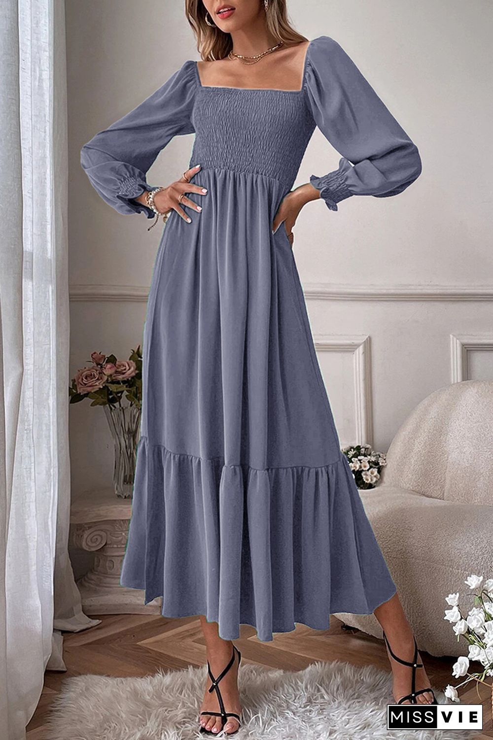 Square Neck Puff Sleeves Ruffle Long Dress