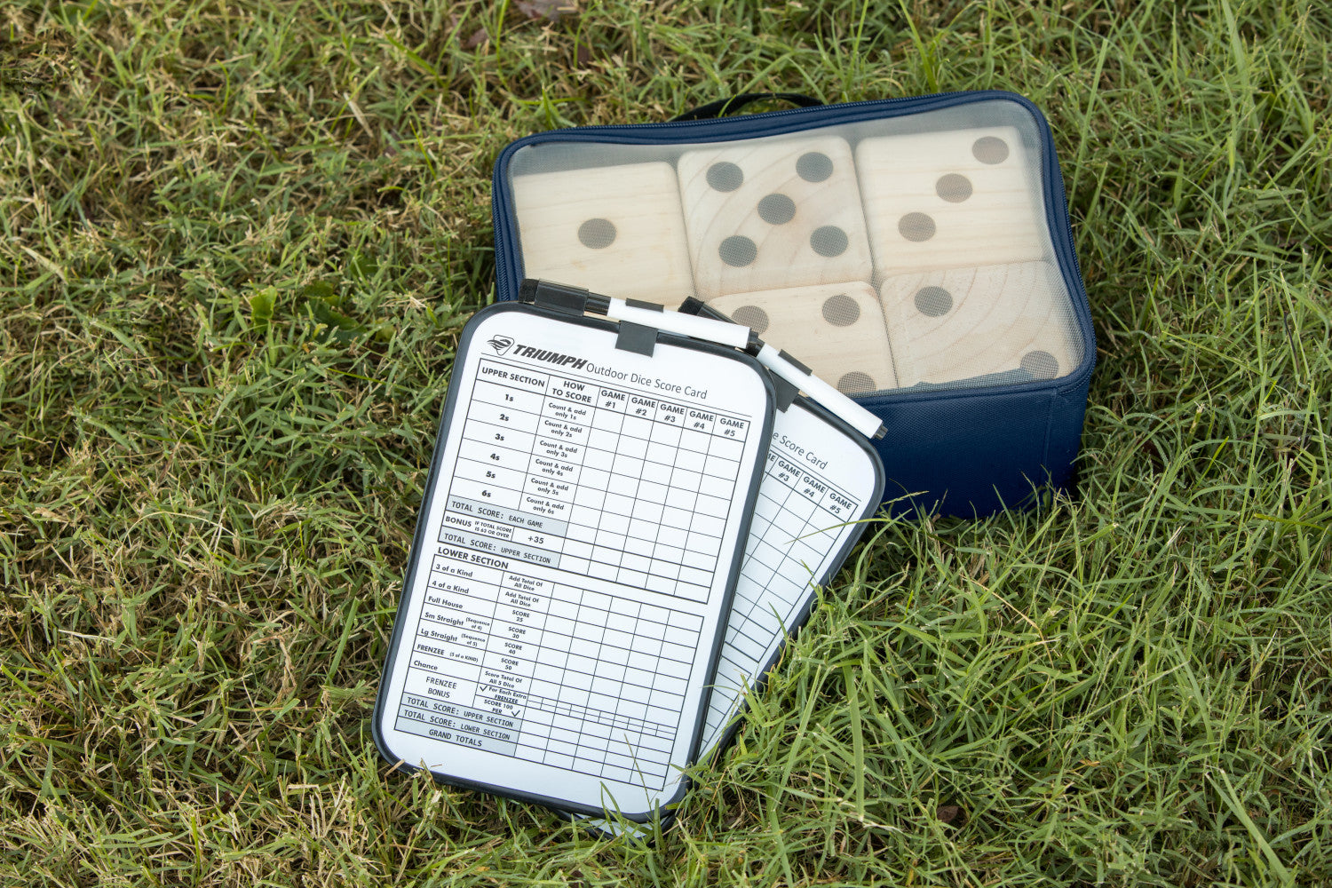 Triumph Big Roller Six Large Wooden Lawn Dice Set for Outdoor Use with Included Dry-Erase Scorecards， Markers， and Carry Bag