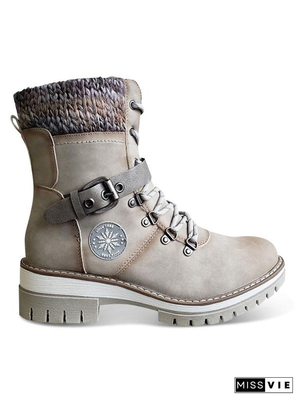 Wool Stitching PU Lace Buckle Middle Snow Boots