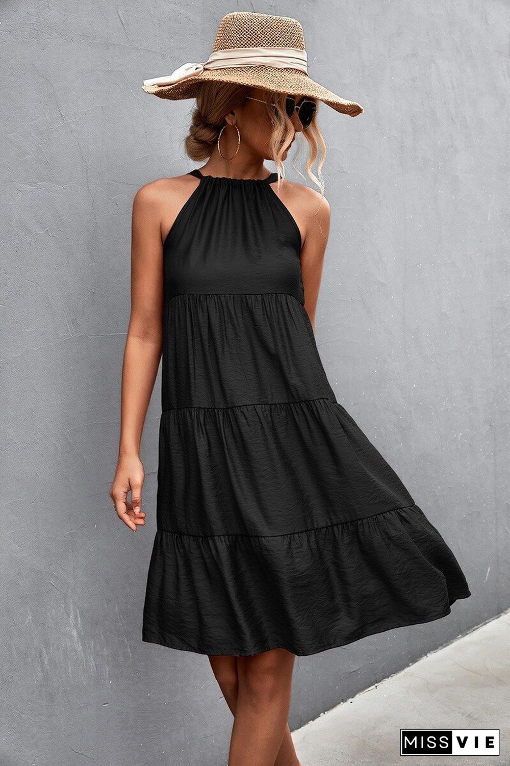 Sexy Women Summer Dress Elegant Halter Dresses New Casual Loose Waist Sleeveless Lace-up Folds A-line Midi Dress For Women