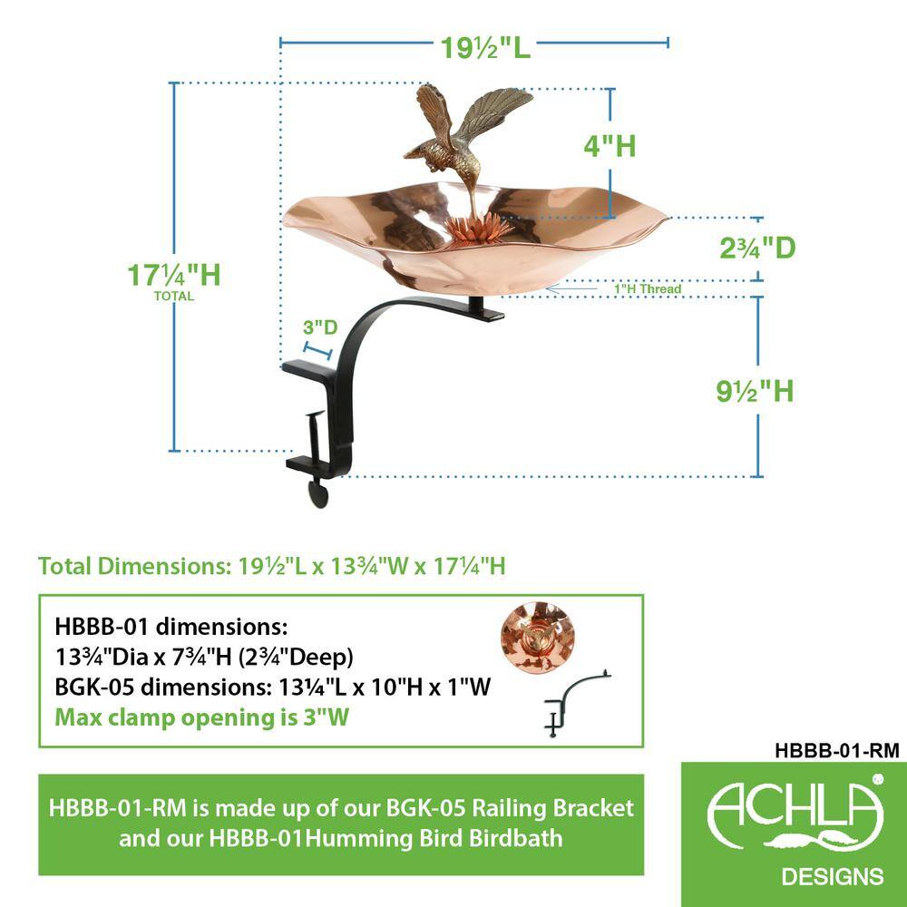 Achla Designs 13.25 in. Dia Copper Plated Hummingbird Birdbath Bowl with Rail Mount Bracket HBBB-01-RM