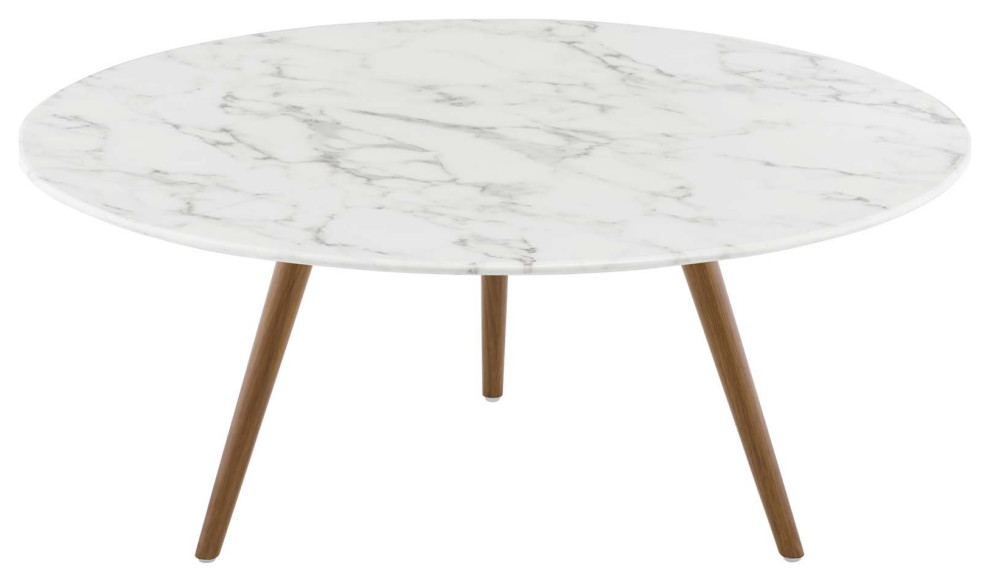 Lippa 36 quotRound Artificial Marble Coffee Table with Tripod Base Walnut White   Midcentury   Coffee Tables   by Uber Bazaar  Houzz