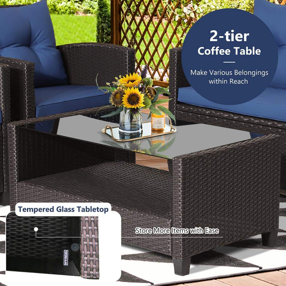 Costway 4 -Piece Patio Rattan Furniture Set Glass Table Shelf Sofa Cushion Navy HW66742NY+