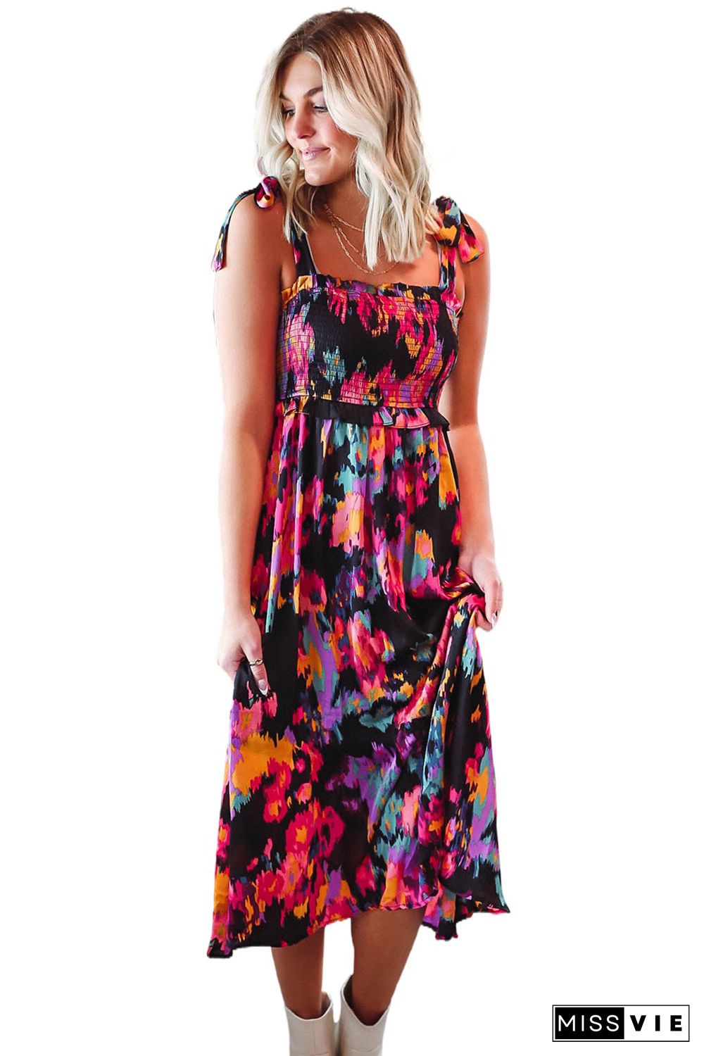 Black Smocked Tie-dye Print Midi Dress