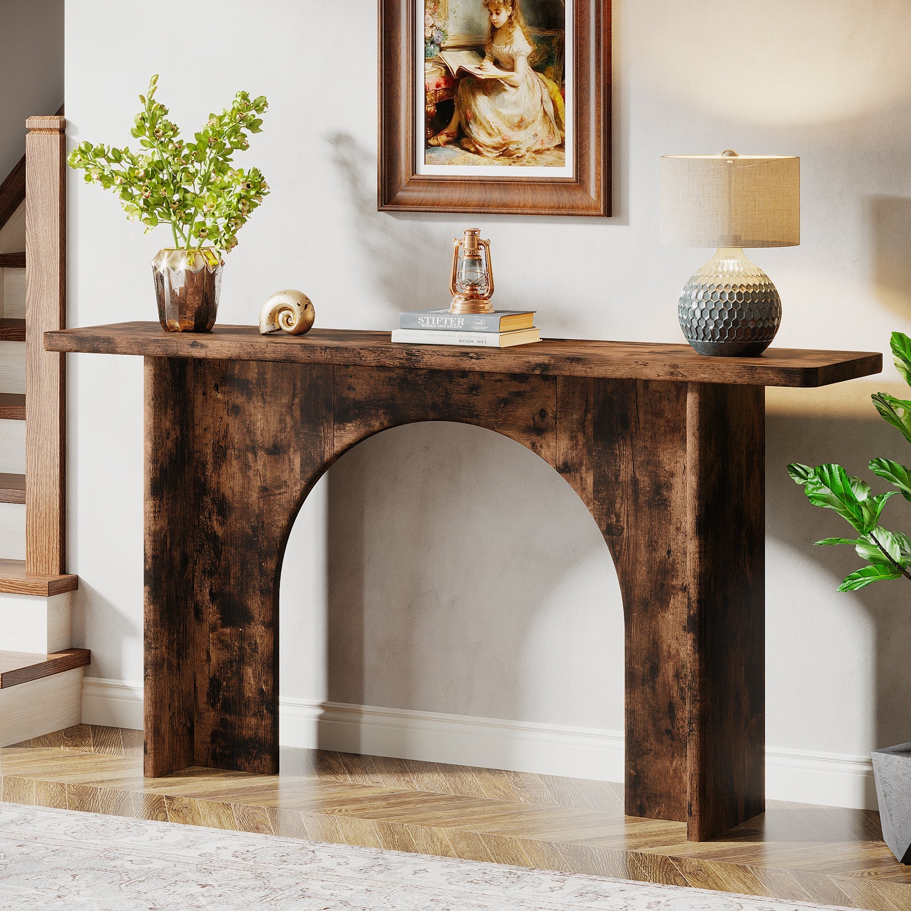 63-Inch Console Table, Wood Farmhouse Entryway Table with Arch Brace