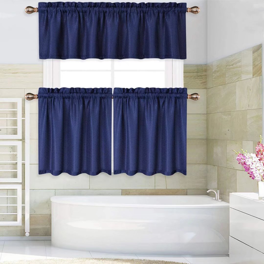 Haperlare 30Wx24L Kitchen Curtains Waffle Weave Waterproof Valances Light Filtering Rod Pocket Cafe Curtains, Navy Blue, 2 Panel