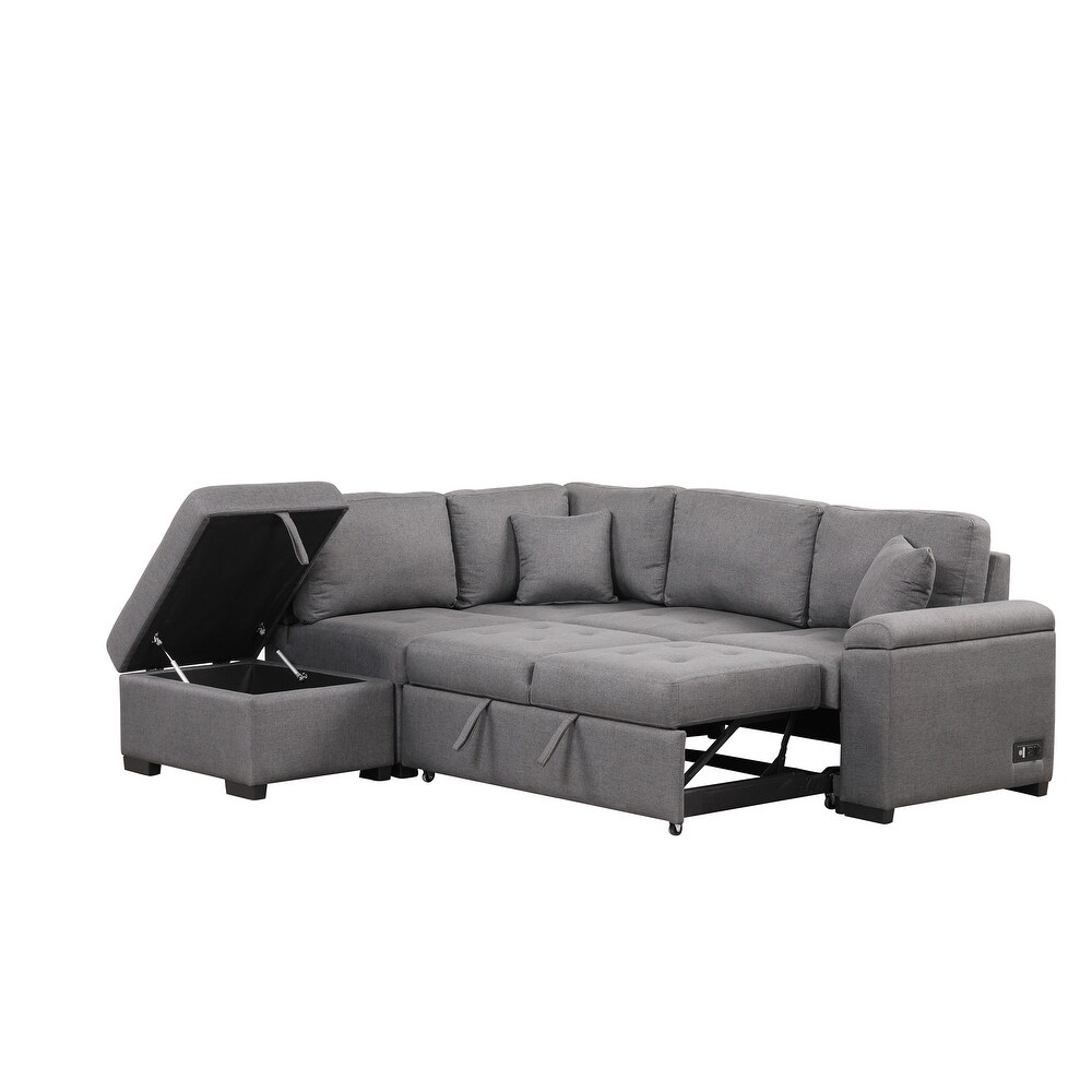 L shape Corner Sleeper Sectional Sofa Set Velvet Couch with Storage Ottoman   Arm Storage   USB Port for Living Room Grey