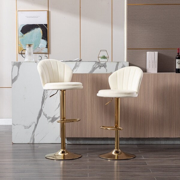 Modern Bar Stools Set of 2 Adjustable Mechanical Lifting Velvet and Golden Leg Bar Stool， Chrome Footrest and Base Swivel Height