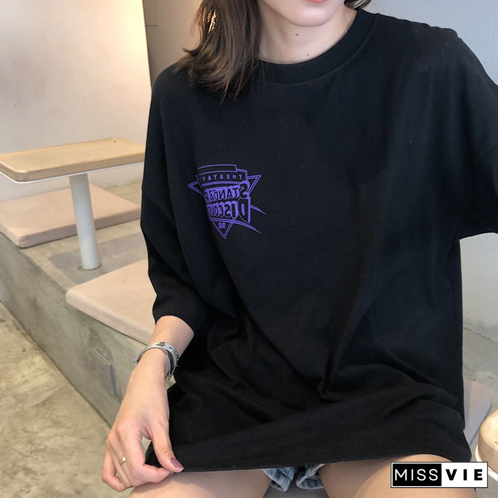 T-Shirts Women Half Sleeve O-Neck Lengthen Loose Streetwear Letter Printing Chic Summer Clothing Harajuku Soft Thin All-Match