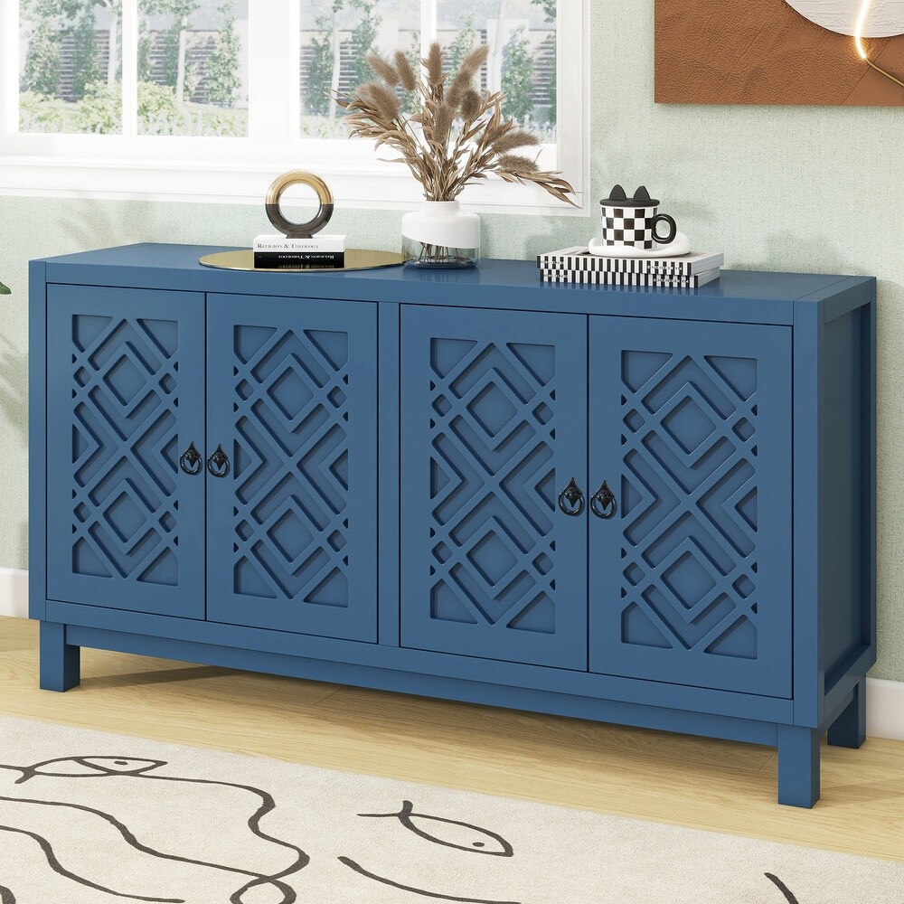 Large Storage Space Sideboard  4 Door Buffet Cabinet with Pull Ring Handles for Living Room  Dining Room (Navy)