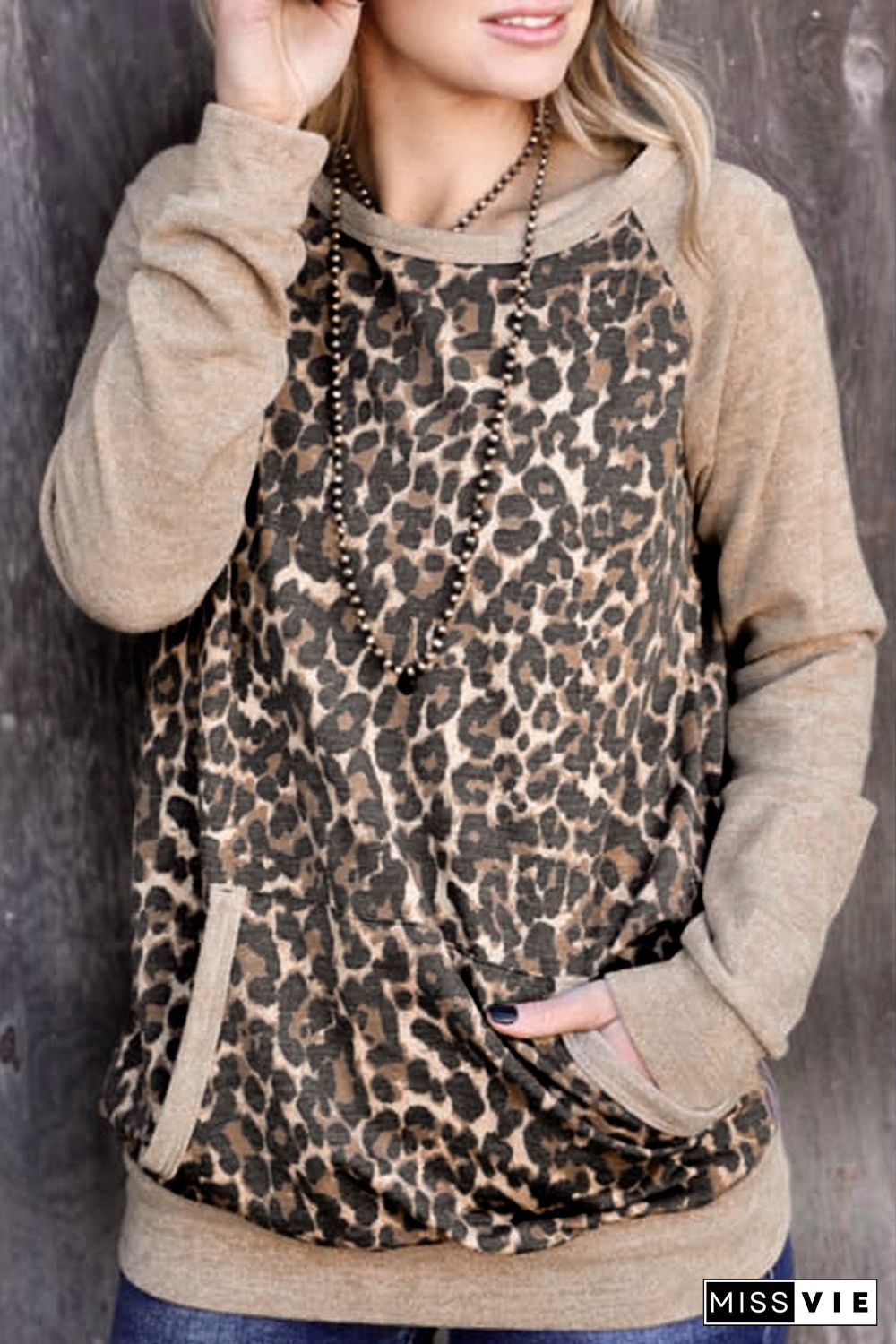 Leopard Kangaroo Pocket Raglan Sleeves Sweatshirt