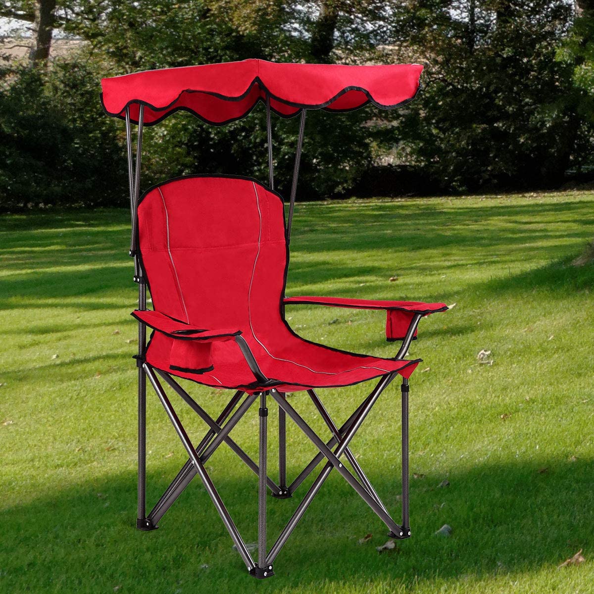 Beach Chair with Canopy Shade, Folding Lawn Chair with Umbrella Cup Holder & Carry Bag, Portable Sunshade Chair for Adults for Outdoor Travel Hiking Fishing, Red