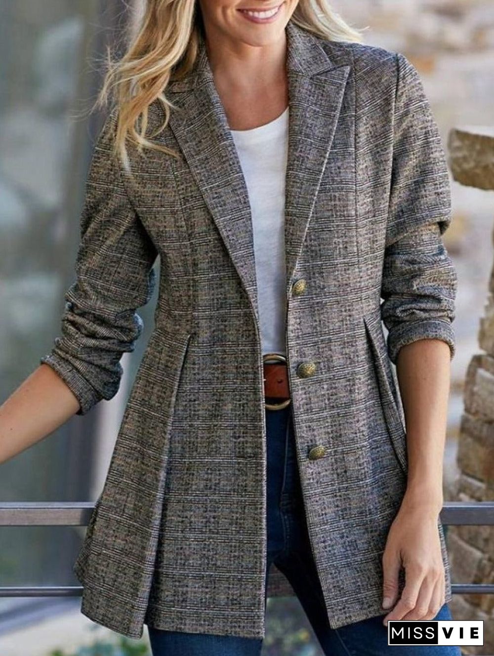 Spring And Autumn Lapel Plaid Blazer