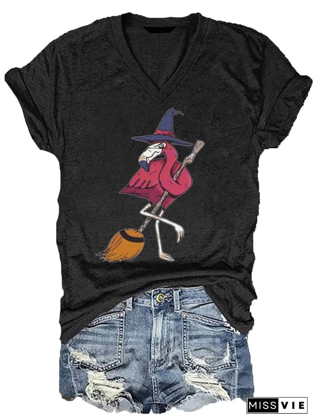 Women's Halloween Flamingo Witch Print V-Neck T-Shirt