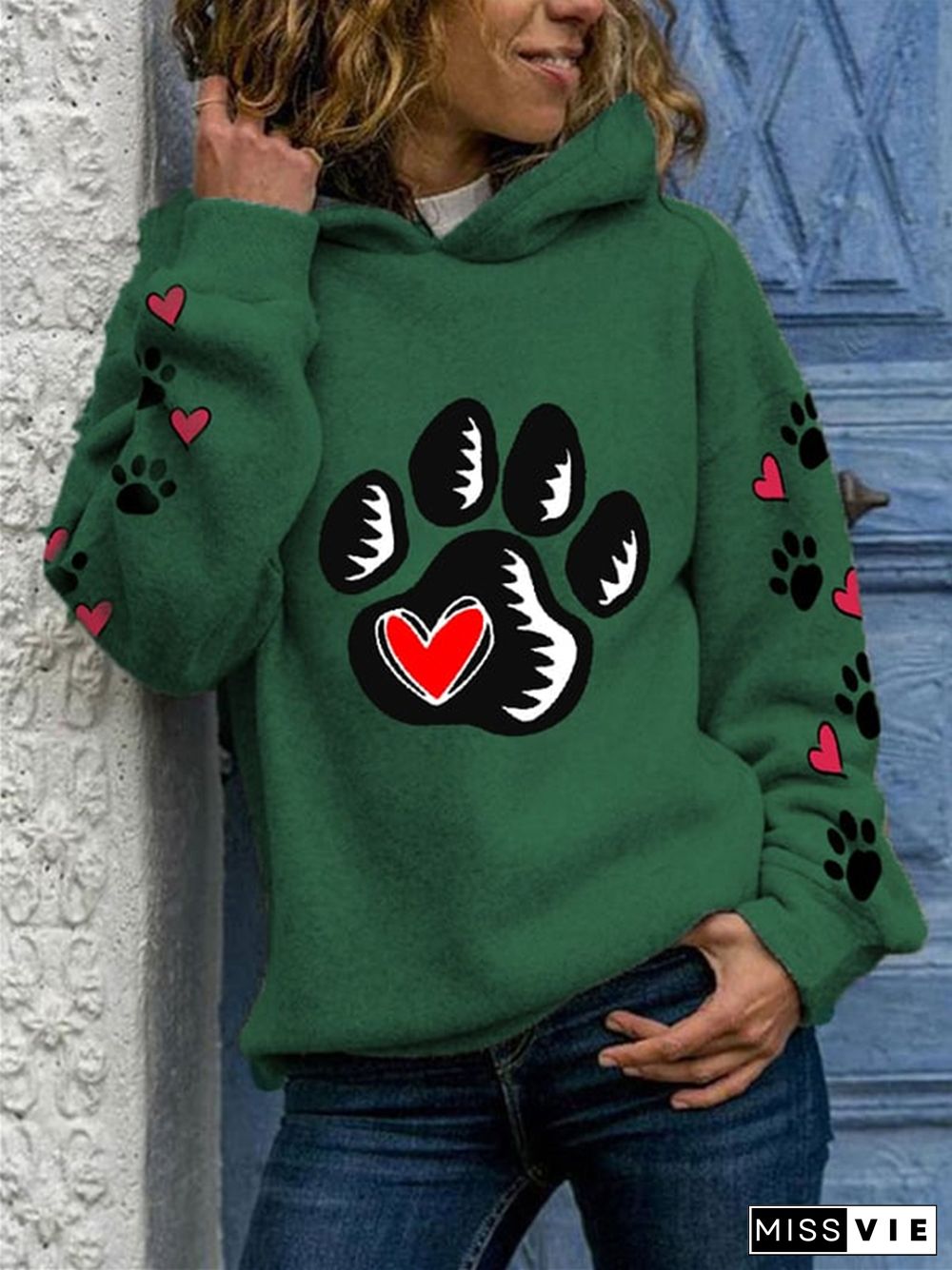 Dog Footprint Heart Print Long Sleeve Hoodie