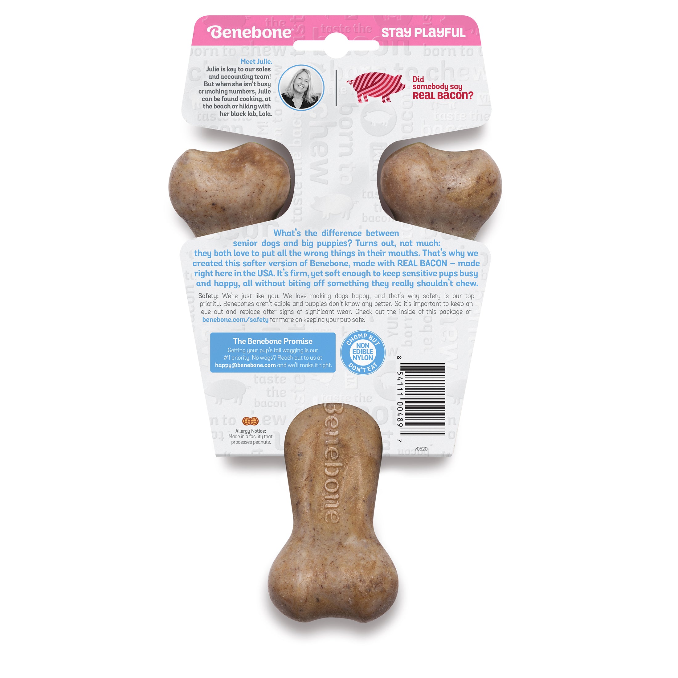 Benebone Puppy Wishbone Dog Chew Toy， Softer for Modest Chewers， Bacon， Medium