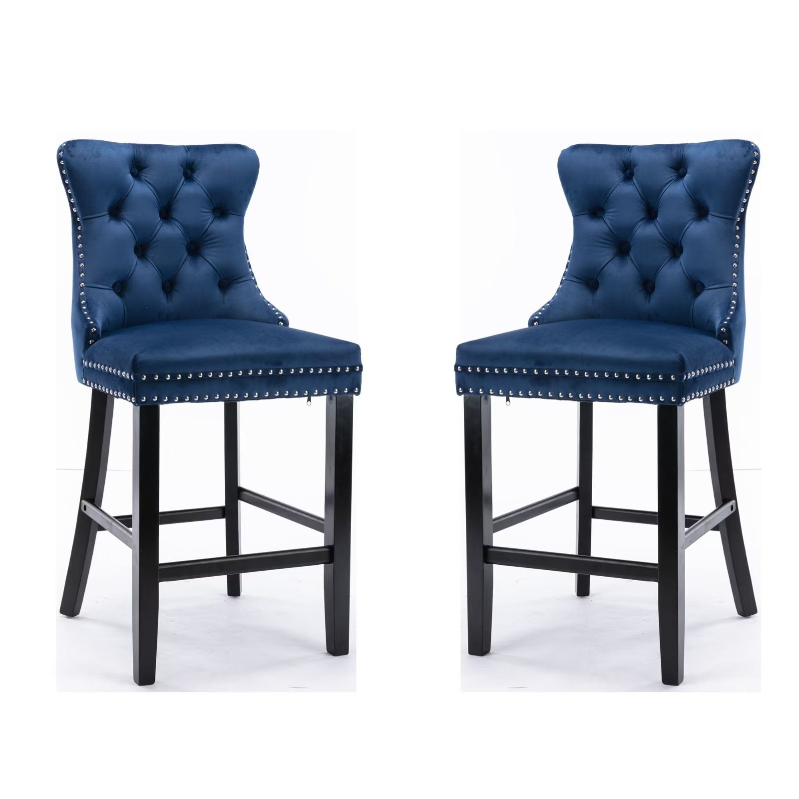 Velvet Upholstered Barstools Leisure Style Bar Chairs with Wood Legs， Nailhead Trim and Button Tufted Back (Set of 2） - N/A