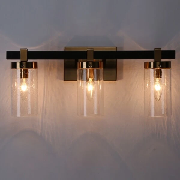 Modern Elegant 3-Light Black Gold Bathroom Vanity Light Dimmable Glass Wall Sconces