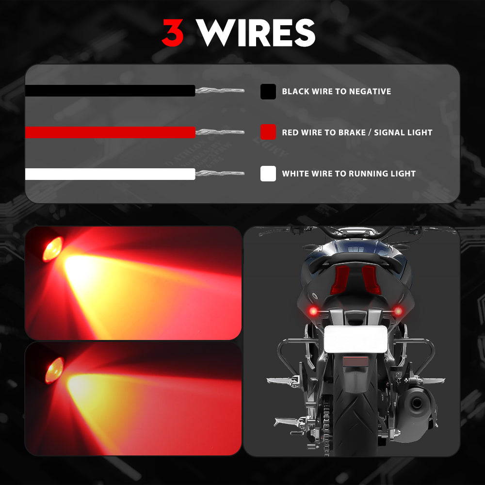 VEHICODE Motorcycle LED Turn Signals and Brake Lights 3 Wire Red Bolt Bulb Mini Rear Running Tail Indicator Blinker Black Universal Mount Replacement for Harley Honda Yamaha Kawasaki Suzuki (2 Pack)