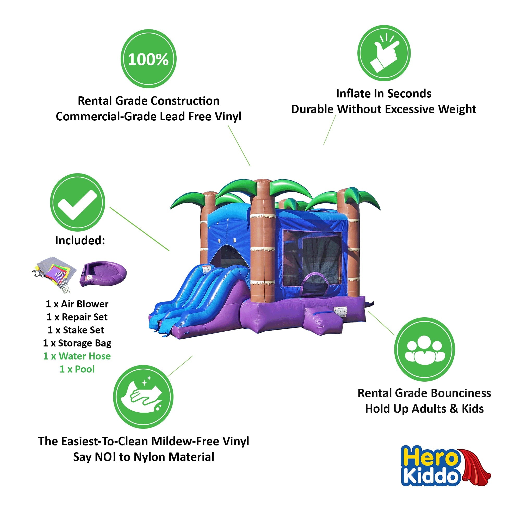 HeroKiddo Enchanted Forest Commercial Grade Inflatable Bounce House with Dual Slide (Pool & Blower Included), for Kids and Adults