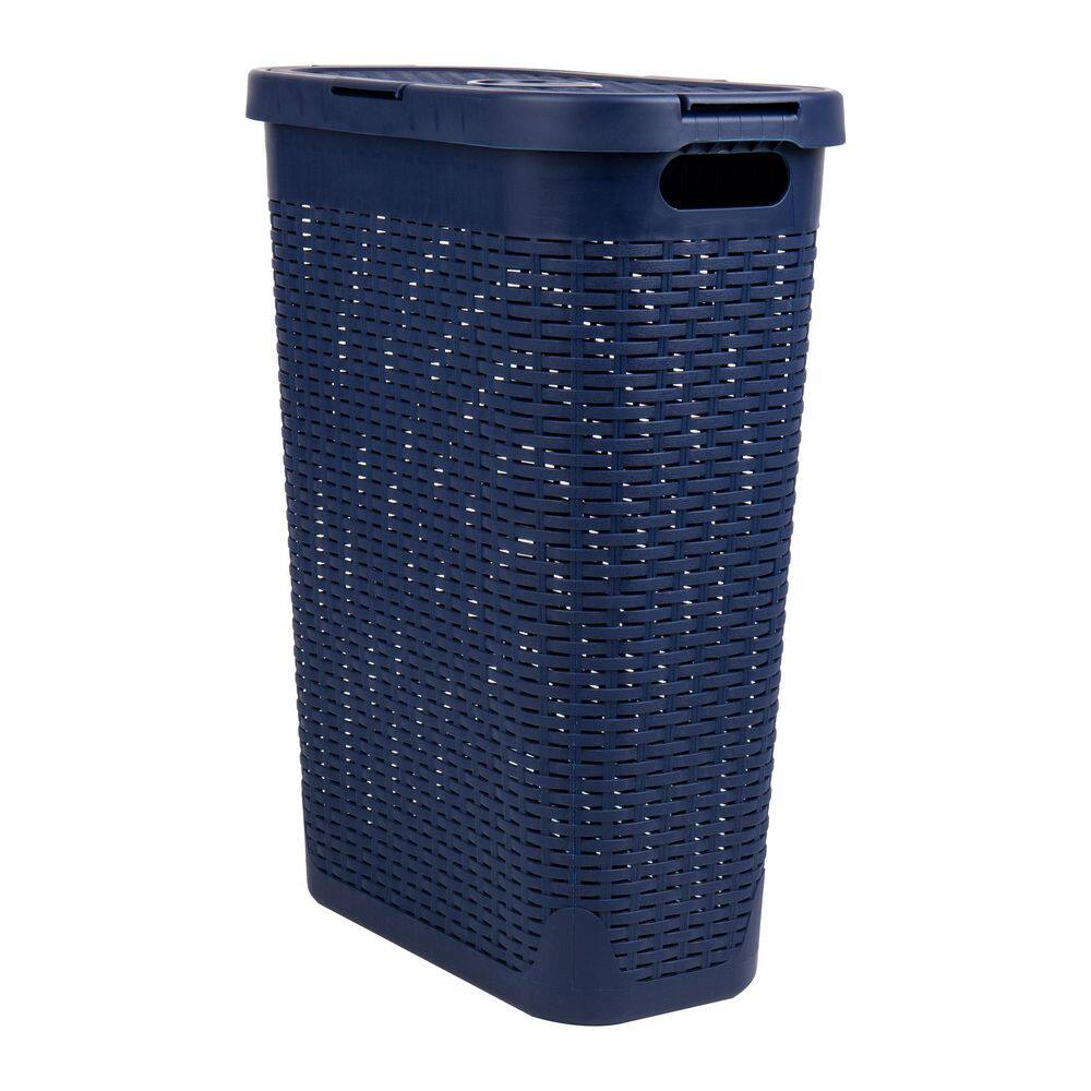 Mind Reader Basket Collection Slim Laundry Hamper 40 Liter (15kg33lbs) Capacity Attached Hinged Lid Navy 40HAMP-NVY