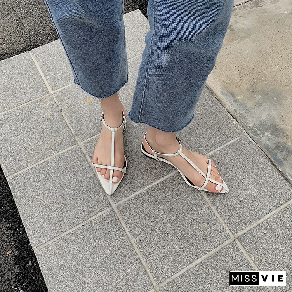 Women Flats Sandals Pointed Toe Narrow Band Design Sandals Ankle Buckle Strap Clip Toe Roman Style Casual Beach Shoes Summer