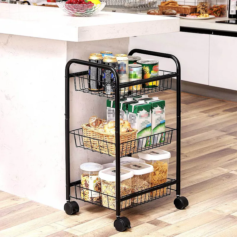 3-tier Metal Rolling Cart on Wheels with Baskets， Lockable Utility Trolley with Handles