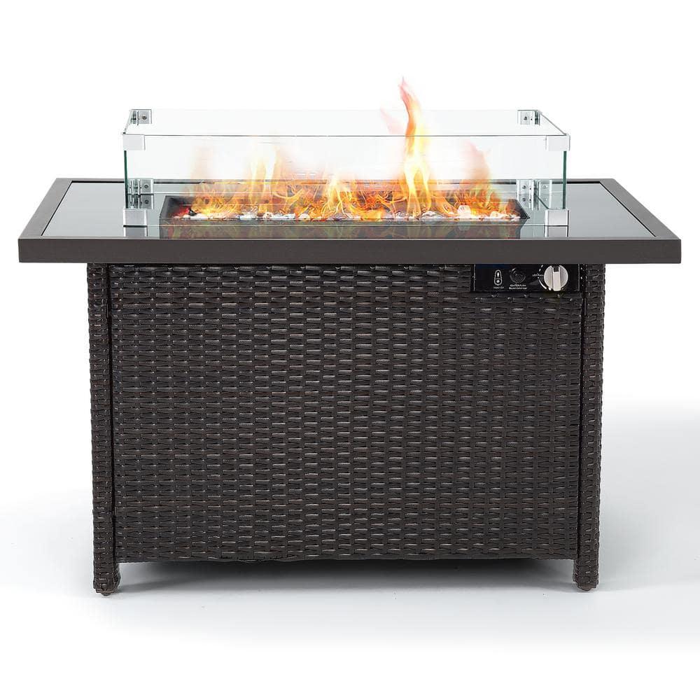 PamaPic Bronze Rectangular Wicker Propane Outdoor Fire Pit Table with Extension