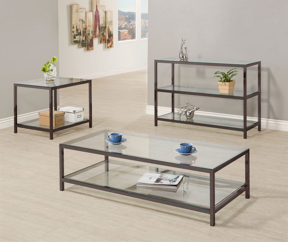 Trini Sofa Table With Glass Shelf Black Nickel   Modern   Console Tables   by Modon  Houzz