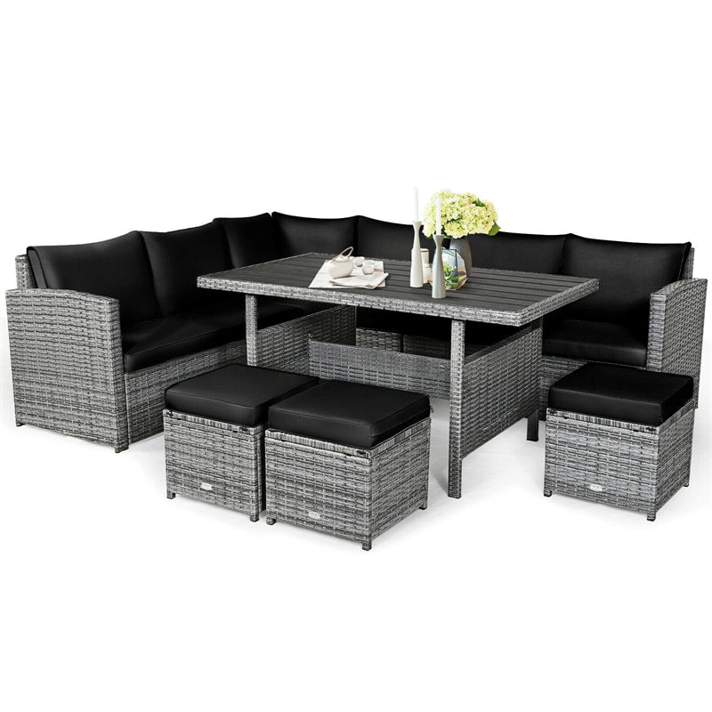 7 Pcs Rattan Patio Dining Furniture Sectional Sofa Set with Dining Table, Ottomans & Cushions