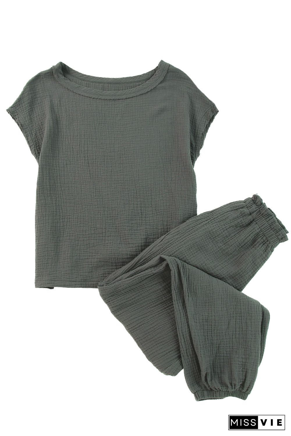 Gray Crinkled Texture Tee and Jogger Pants Set