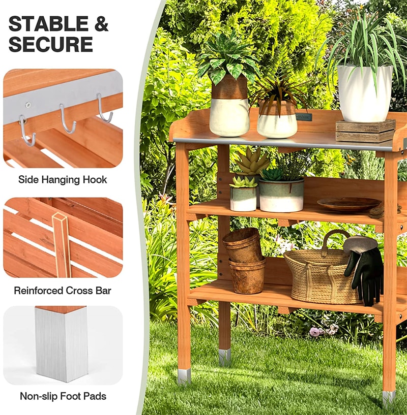 Outdoor Wooden Garden Potting Bench Work Station Storage Shelf with Hook