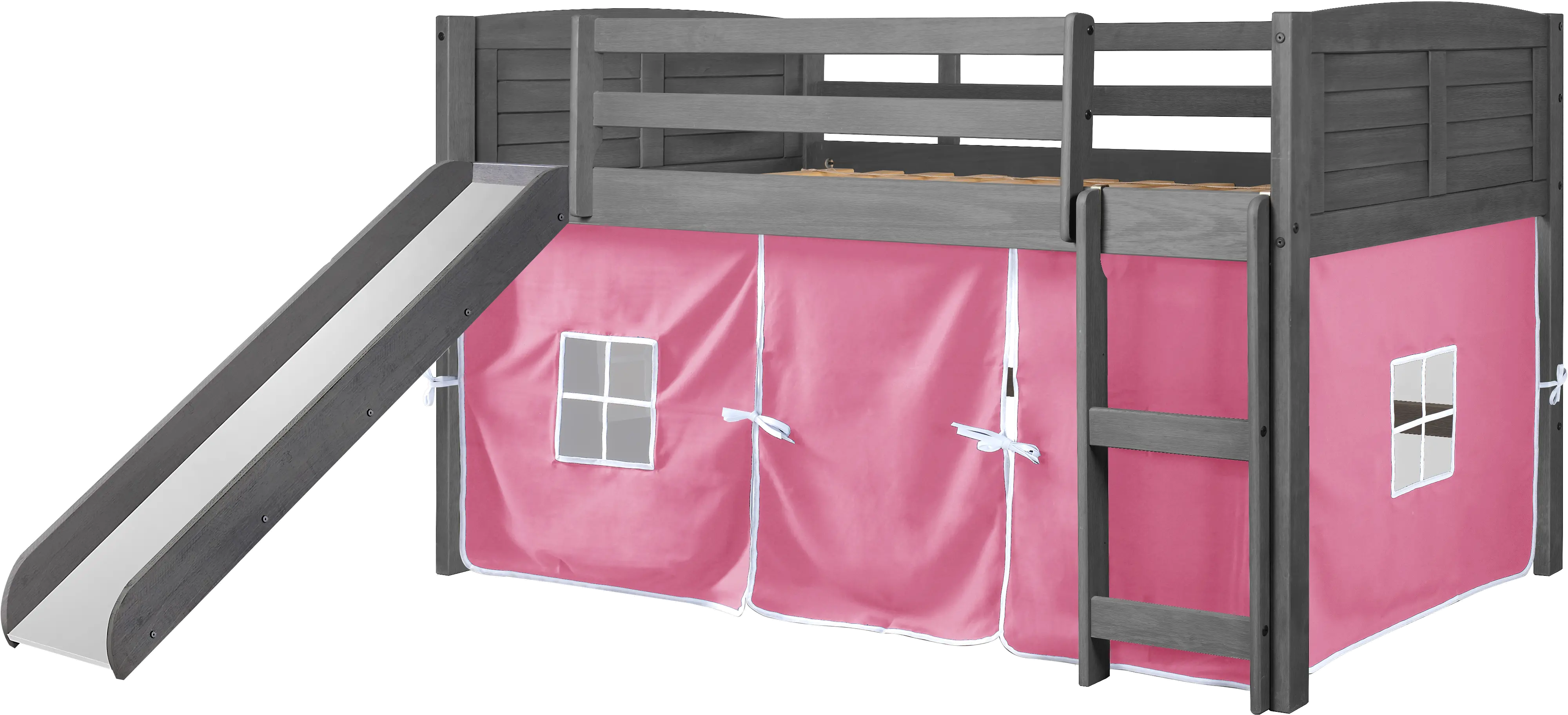 Louver Antique Gray Twin Loft Bed with Pink Tent and Slide